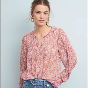 Anthropologie Daphne Floral Pink Long Sleeve Blouse with Mandarin Lace Collar XL